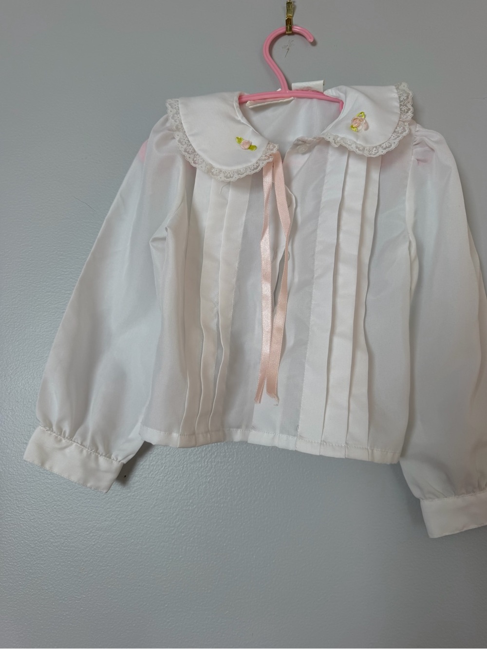 Vintage White Peter Pan Collar Girls' Blouse with Pink Ribbon